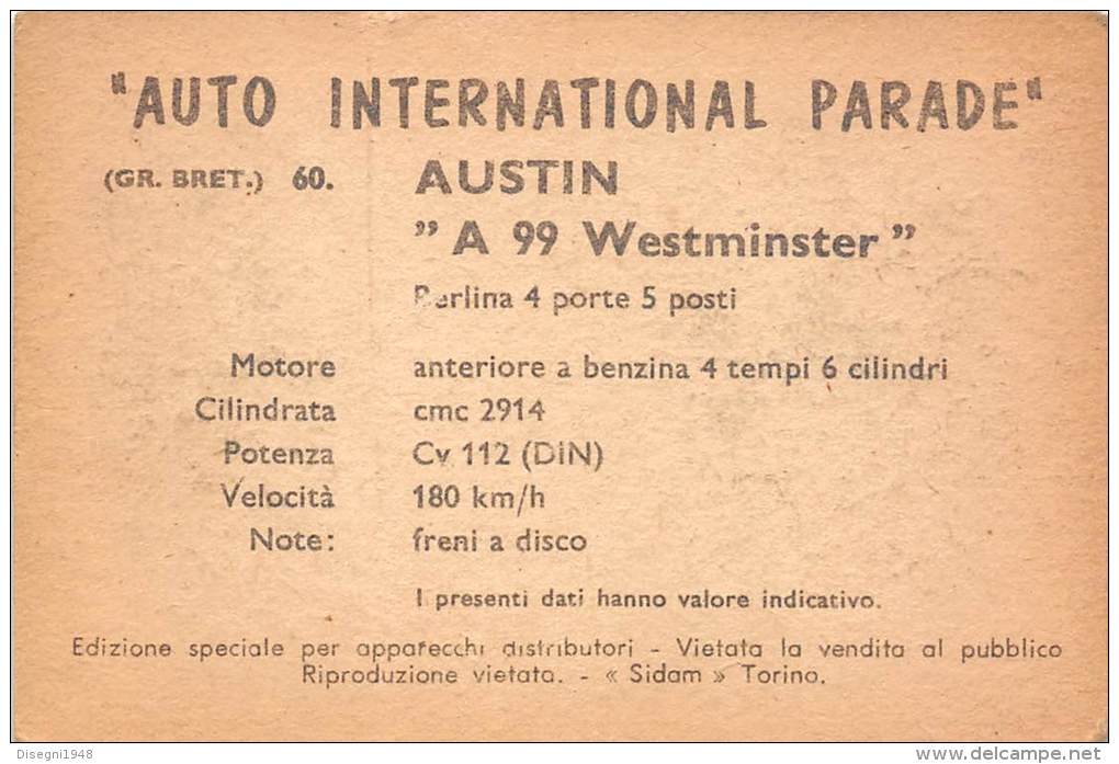 02750 "AUSTIN A 99 WESTMINSTER BERLINA" AUTO - CAR - FIGURINA ORIGINALE - ORIGINAL TRADING CARD. SIDAM - TORINO. 1961 - Motores