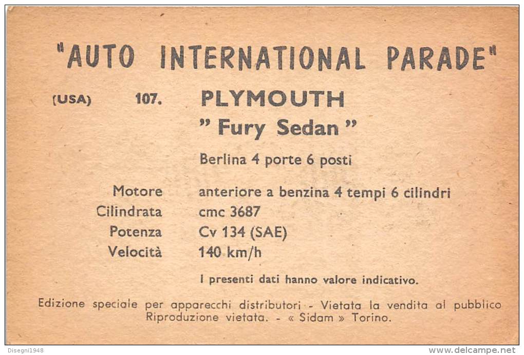 02752 "PLYMOUTH FURY SEDAN"  CAR.  ORIGINAL TRADING CARD. " AUTO INTERNATIONAL PARADE, SIDAM - TORINO". 1961 - Motores