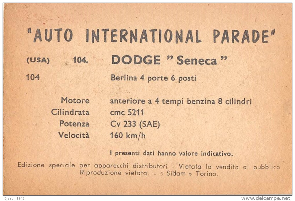 02754 "DODGE SENECA SEDAN"  CAR.  ORIGINAL TRADING CARD. " AUTO INTERNATIONAL PARADE, SIDAM - TORINO". 1961 - Engine