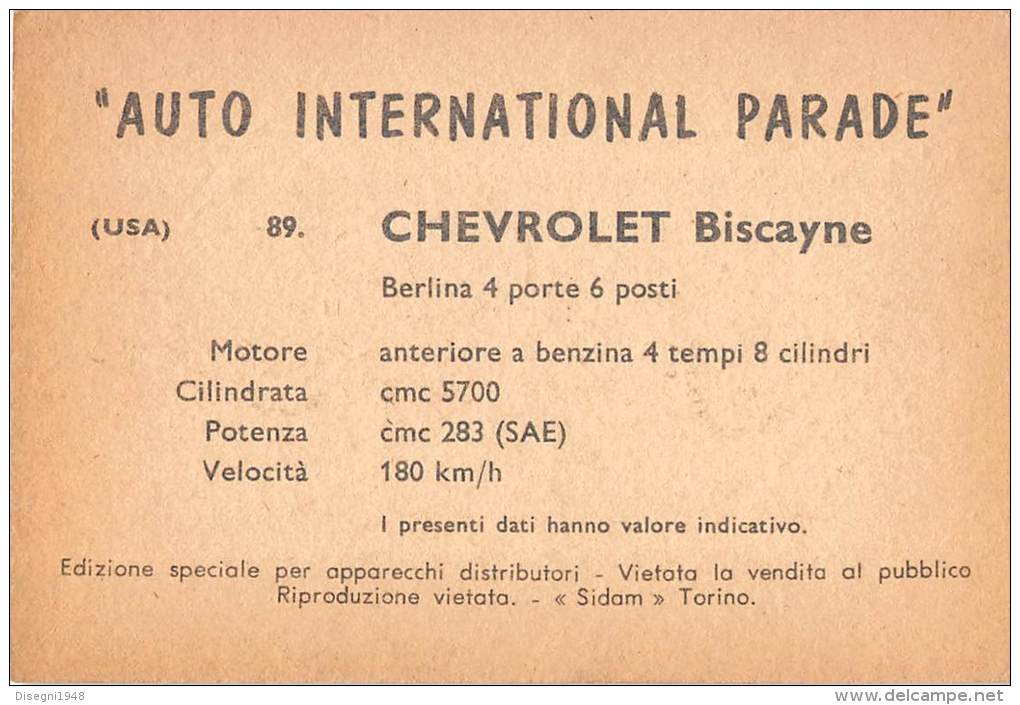 02766 "CHEVROLET BISCAYNE SEDAN"  CAR.  ORIGINAL TRADING CARD. " AUTO INTERNATIONAL PARADE, SIDAM - TORINO". 1961 - Moteurs