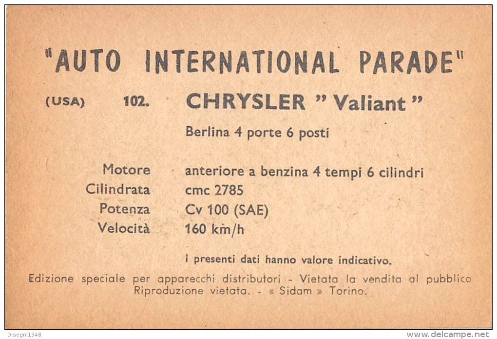 02772 "CRYSLER VALIANT SEDAN"  CAR.  ORIGINAL TRADING CARD. " AUTO INTERNATIONAL PARADE, SIDAM - TORINO"1961 - Motori