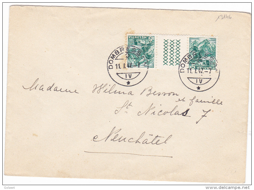 13146# SUISSE PAIRE TETE BECHE AVEC INTERVAL / LETTRE Obl DOMBRESSON 1947 Pour NEUFCHATEL - Tête-bêche