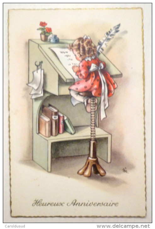 Cpa Litho Illustrateur HACO Lore H Hummel Voeux Enfant Fille Assis Sur Grand Tabouret  Bureau Pupitre Lettre Plume - Hummel