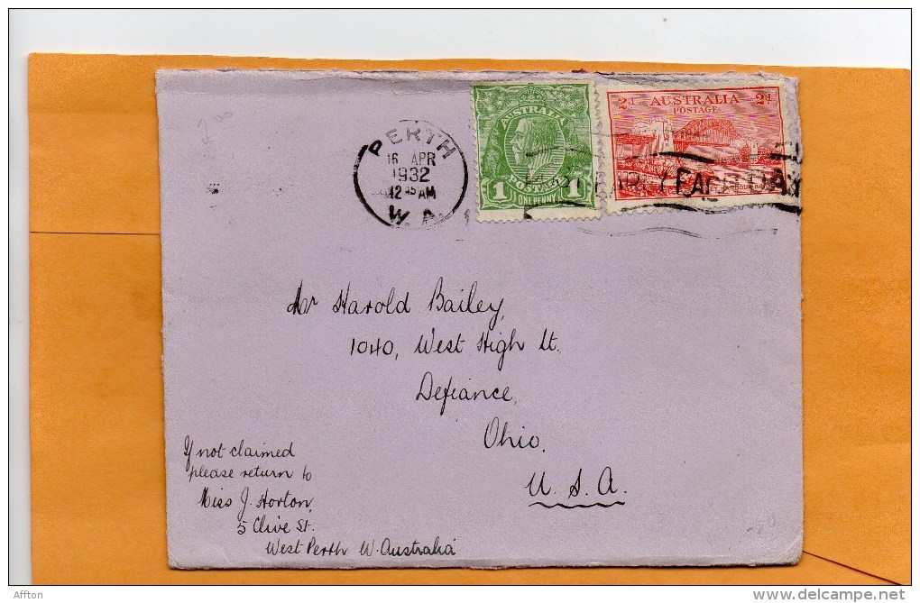 Australia 1932 Cover Mailed To USA - Brieven En Documenten