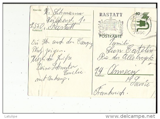 Carte Potale (Entier Postaux )  De Exp: Mr Schumann A Rastatt  Adressé A Famille Leon, Castelin A Annecy 74 En 1977 - Privatpostkarten - Gebraucht