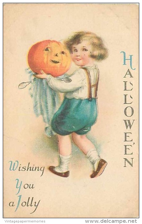 233391-Halloween, Wolf No 21-3, Ellen Clapsaddle, Boy Holding Jack O Lantern - Halloween