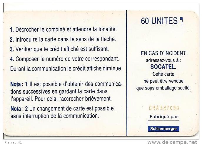 CARTE-PUCE-CENTRE AFRIQUE-60U-SC7-SOCATEL-BLEU-V°Logo En Haut A Coté 60U-N°Rge C4A147090-TBE - Centrafricaine (République)