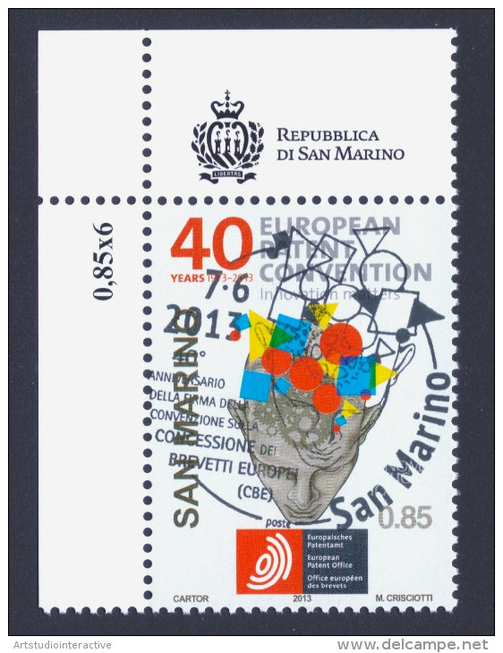 2013 SAN MARINO "40° ANNIVERSARIO FIRMA CONVENZIONE CONCESSIONE BREVETTI EUROPEI (CBE)" SINGOLO ANNULLO PRIMO GIORNO - Used Stamps