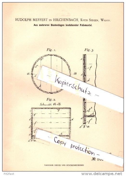 Original Patent - Rudolph Meffert In Hilchenbach B. Siegen , 1898 , Faßmantel Aus Mehreren Lagen , Fass , Fässer !!! - Hilchenbach