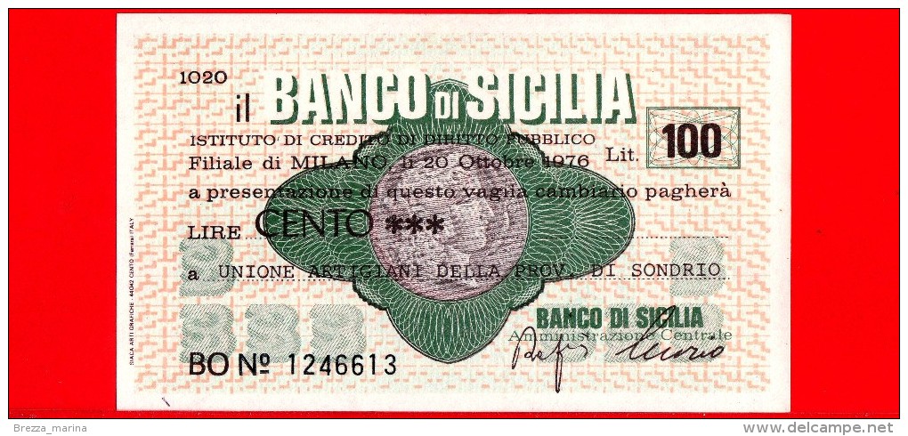 MINIASSEGNI - BANCO DI SICILIA  - L. 100 - Nuovo - FdS - [10] Chèques