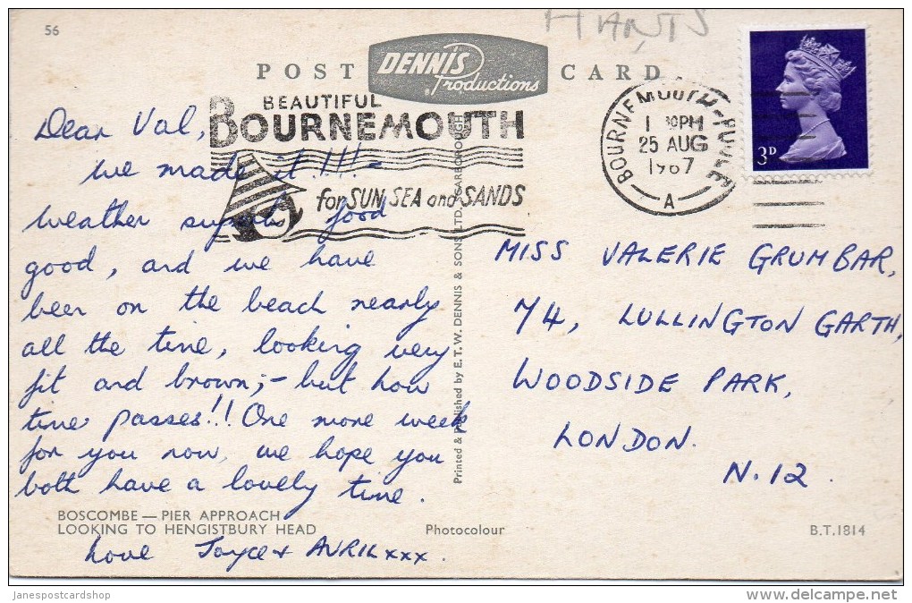 BOSCOMBE - BOURNEMOUTH - PIER APPROACH LOOKING TO HENGISTBURY HEAD - Slogan Postmark 1967 - Bournemouth (avant 1972)