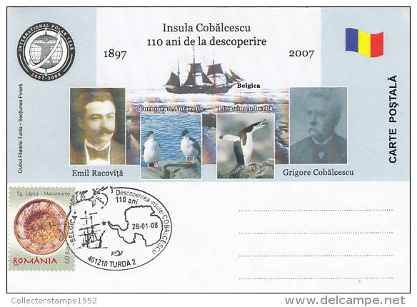 10460- EMIL RACOVITA, GRIGORE COBALCESCU, ISLAND, ANTARCTIC EXPEDITION, GULL, PENGUINS, SPECIAL POSTCARD, 2007, ROMANIA - Antarctische Expedities