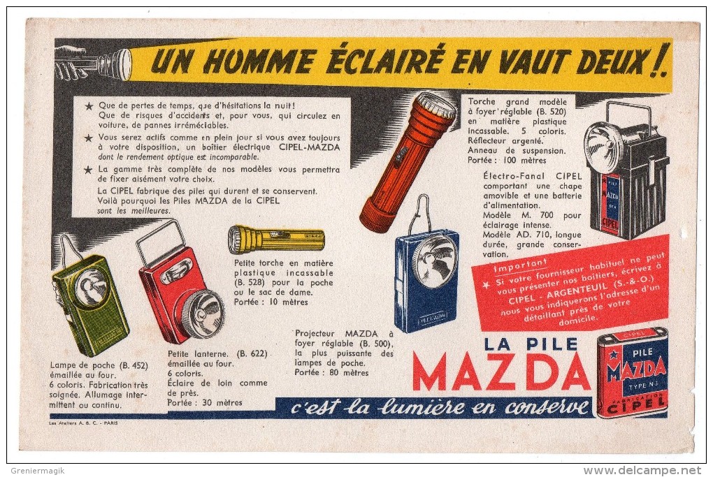 Buvard - La Pile Mazda (lampe, Torche, Lanterne, Electro Fanal Cipel, Projecteur) - Accumulators