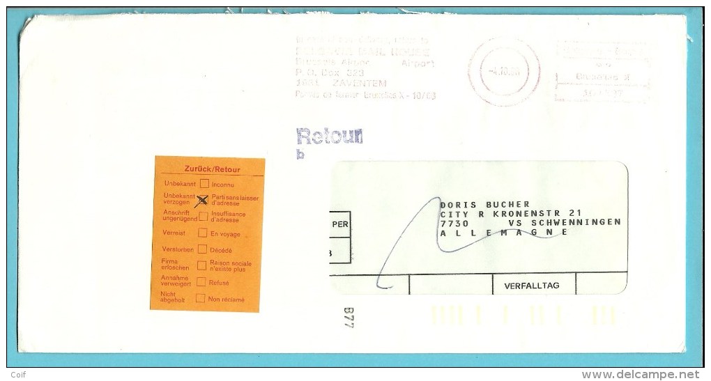 Brief Verzonden Vanuit P.B.BOX 323 / Zaventem (privepost), -> ALLEMAGNE Met Stempel  RETOUR - 1980-1999