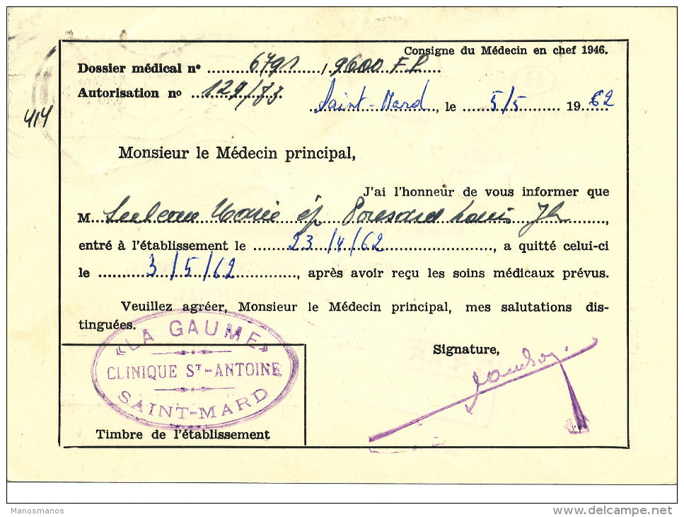 279/23 - Carte Service Médical SNCB TP Service 40 C Lion Héraldique Seul VIRTON 1962 - Cachet Clinique La Gaume ST MARD - Autres & Non Classés