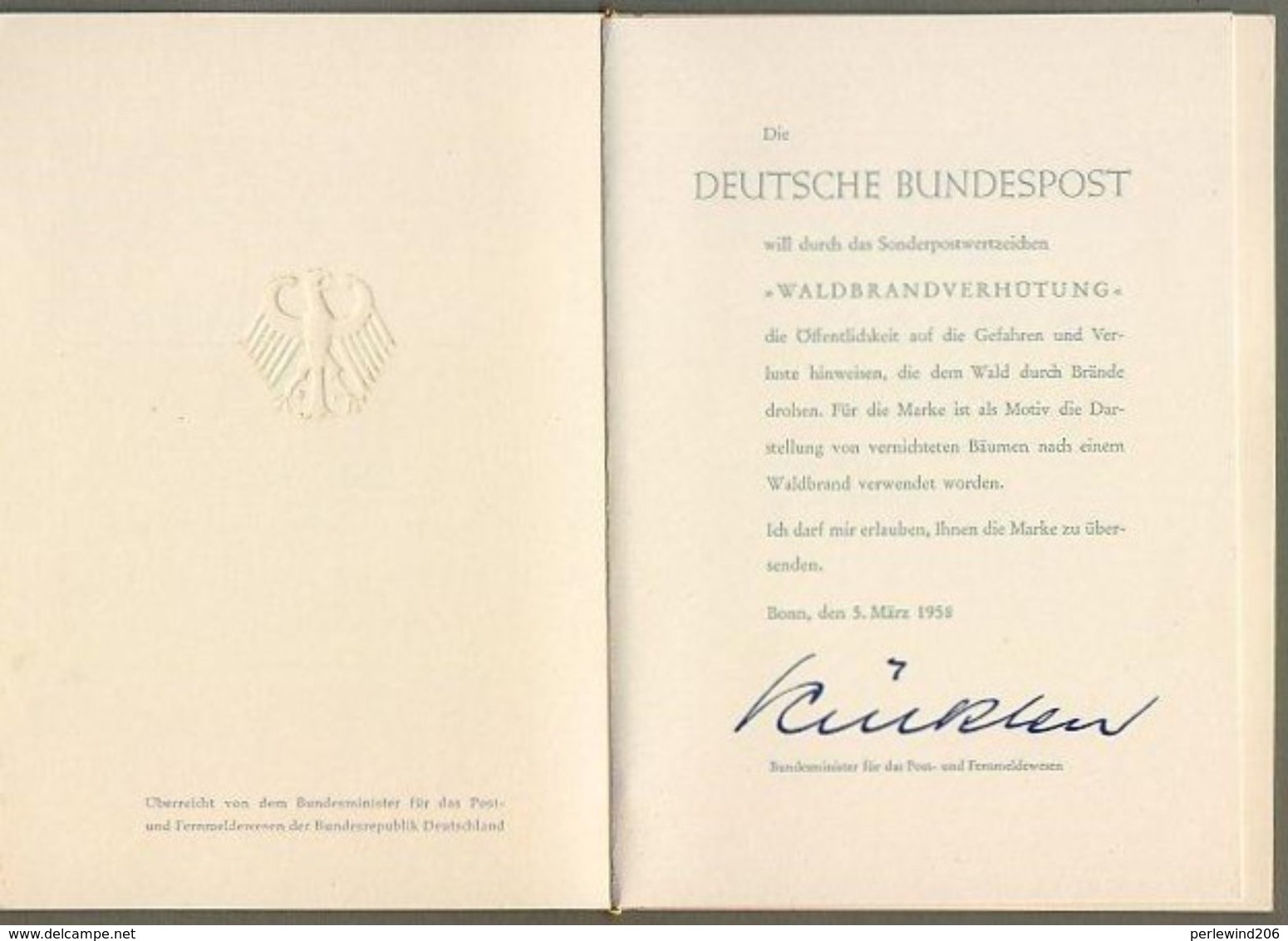 Bund + Saarland: Minister Card - Ministerkarte Typ II, Mil-Nr. 283 + S. 431: " Waldbrandverhütung ", RR Joint Issue  X - Lettres & Documents