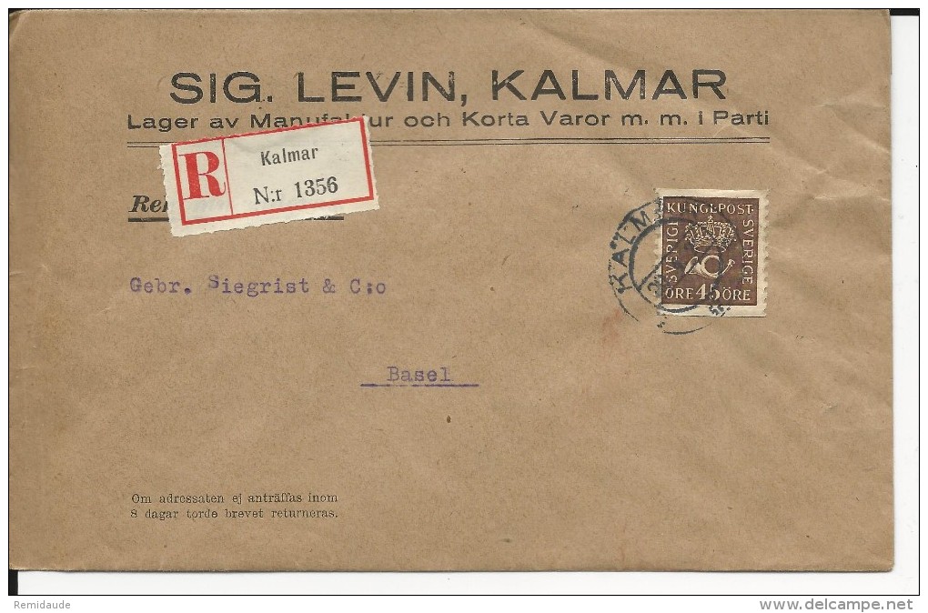 SUEDE - 1929 - ENVELOPPE RECOMMANDEE De KALMAR Pour BASEL (SUISSE) - Covers & Documents