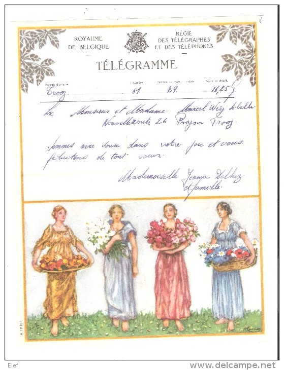 Télégramme De TROOZ, Belgique, ( MARIAGE ) Illustré D´une " 4 Jeunes Femmes Et Corbeille De Fleurs "; Années 50, TB - Timbres Télégraphes [TG]