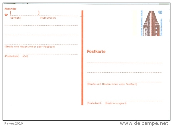 Berlin West Ganzsachenpostkarte 40 Pfg. Ungebr. Chilehaus Hamburg UNESCO Welterbe Markierungsbalken Eng An Briefmarke - Postkaarten - Ongebruikt