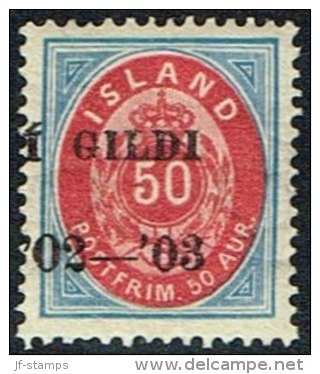 1902. I GILDI. 50 Aur Blue/red. Perf. 14x13½. Black Overprint. Parts Of Two Watermarks. (Michel: 33A) - JF160553 - Usados