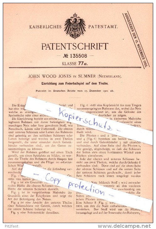 Original Patent - J. W. Jones In Summer , Neuseeland , 1901 , Tisch - Federballspiel , Federball !!! - Tennis De Table