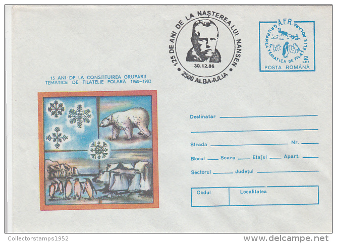 11311- NANSEN, POLAR EXPLORER, POLAR BEAR, PENGUIN, COVER STATIONERY, 1986, ROMANIA - Explorateurs & Célébrités Polaires