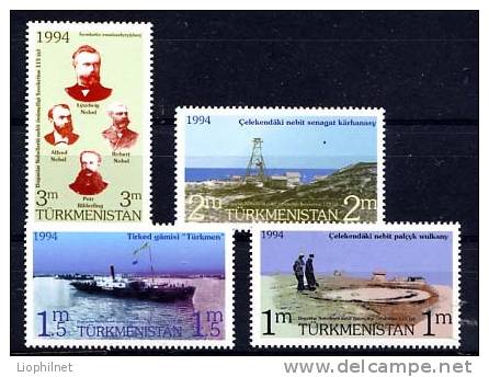 TURKMENISTAN 1993, FRERES NOBEL, NAVIRE TANKER, DERICK, 4 Valeurs, Neufs. R265 - Turkménistan