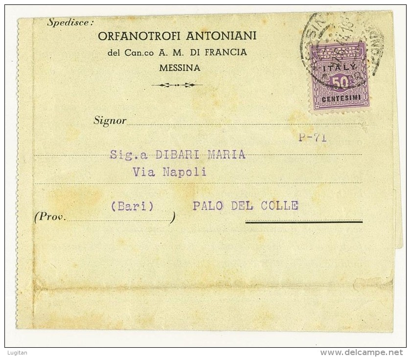 ANNO 1944 - 50 CENT. VIOLETTO - ISOLATO - LETTERA  DA MESSINA PER PALO DEL COLLE - Occ. Anglo-américaine: Sicile