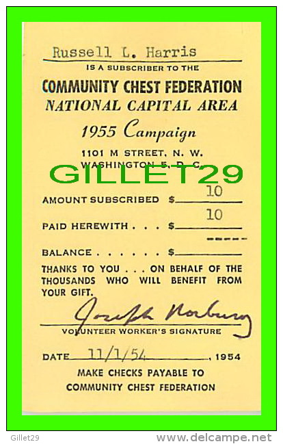 DOCUMENTS HISTORIQUES - COMMUNITY CHEST FEDERATION NATIONAL CAPITAL AREA ,1955 CAMPAIGN  SUBSCRIBER RECEIPT - - Historical Documents