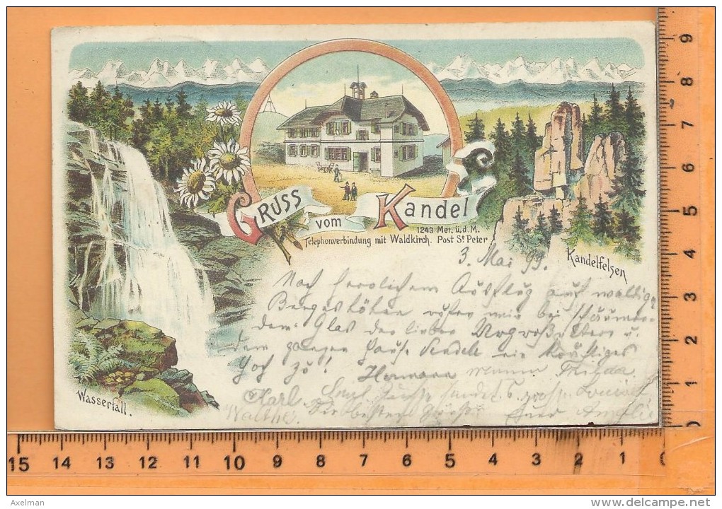 KANDERN: Gruss, Litho Multi Vues, Wasserfall, Kandelfelsen  ++ Marcophilie Bahnpost Zug 131 - Kandern