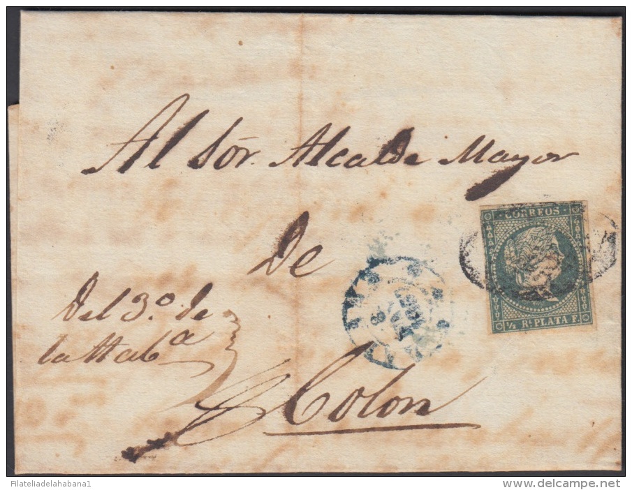 1857-H-137 CUBA ESPAÑA SPAIN. ANTILLAS. ISABEL II. 1856. Ant. Ed.4. &frac12; Rs. LINEAS CRUZADAS. MARCA HABANA AZUL - Vorphilatelie