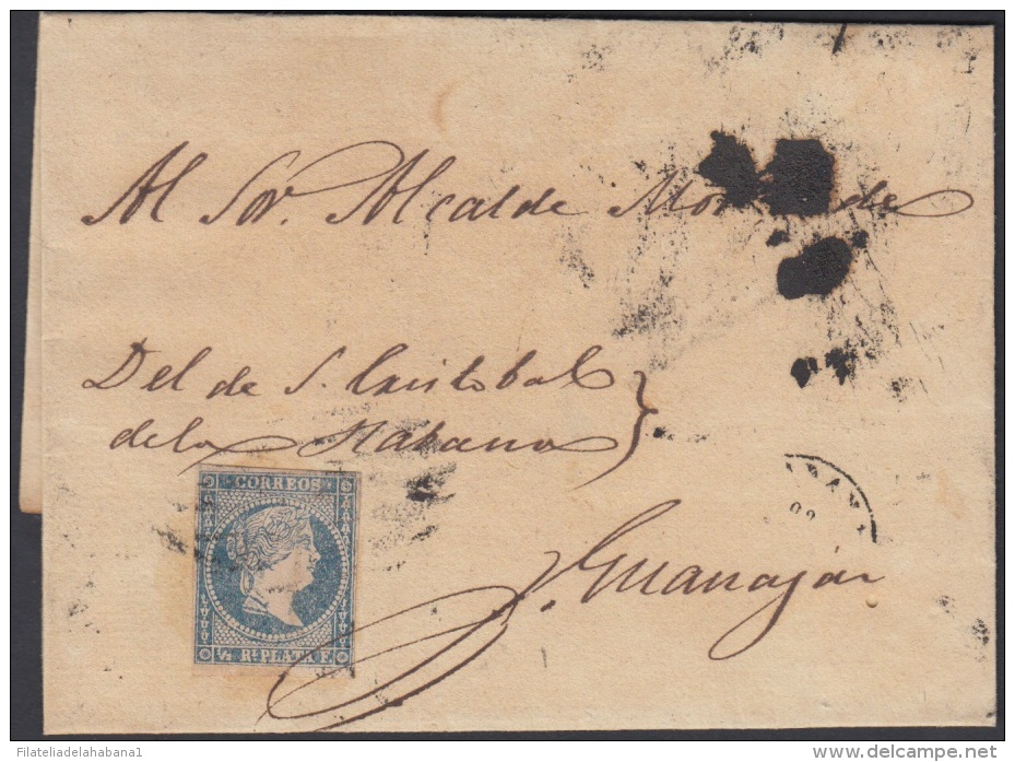 1857-H-155 CUBA ESPAÑA SPAIN. ANTILLAS. ISABEL II. 1857. Ant. Ed.7. &frac12; Rs AZUL. TERCER MOLDE. - Vorphilatelie