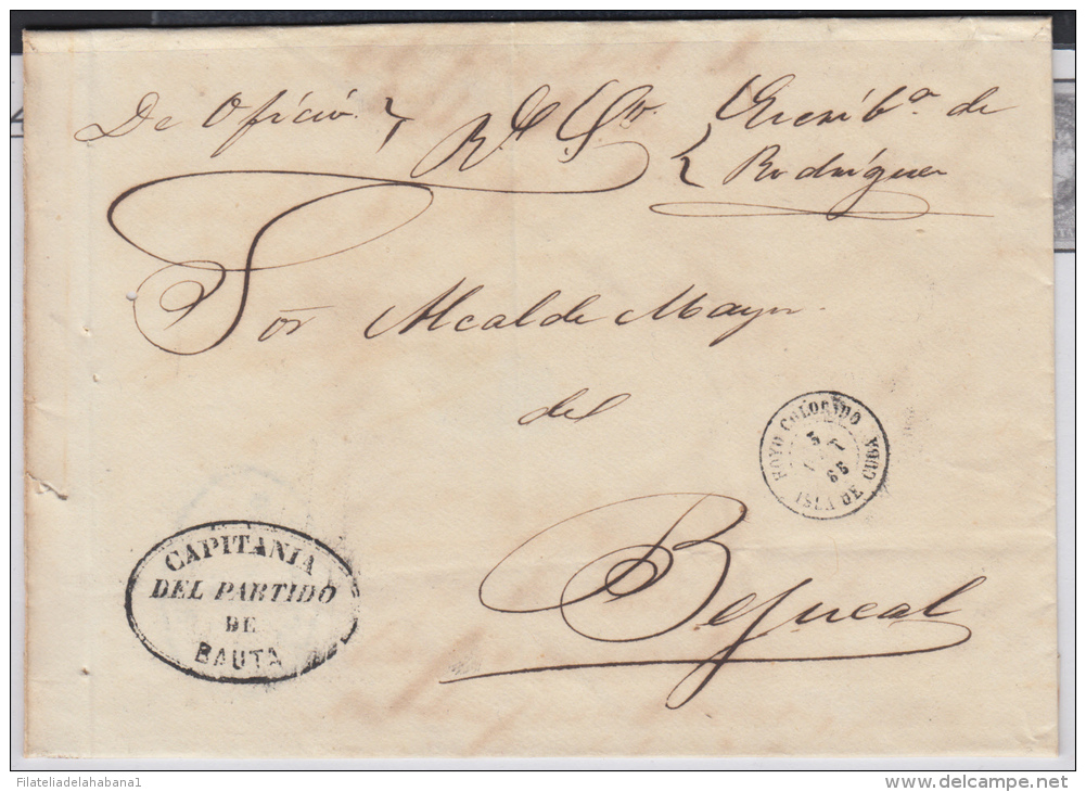 1865-H-8 CUBA ESPAÑA SPAIN. ANTILLAS. ISABEL II. 1865. CORREO OFICIAL. SOBRE CON FECHADOR DE HOYO COLORADO. RARO. - Voorfilatelie