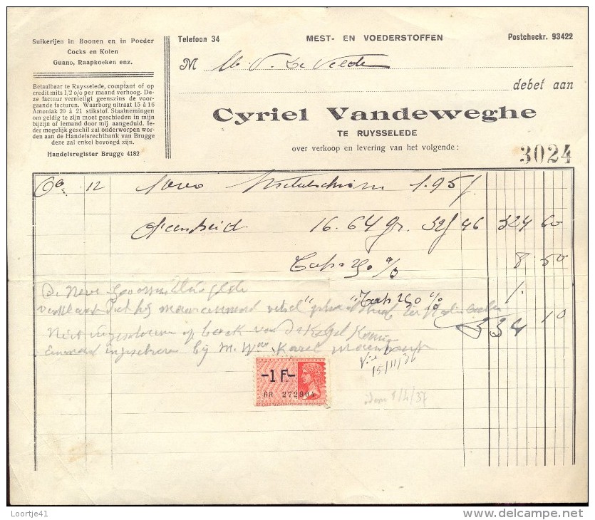 Facture Faktuur - Meststoffen  Cyriel Vandeweghe Ruiselede 1936 - Landbouw