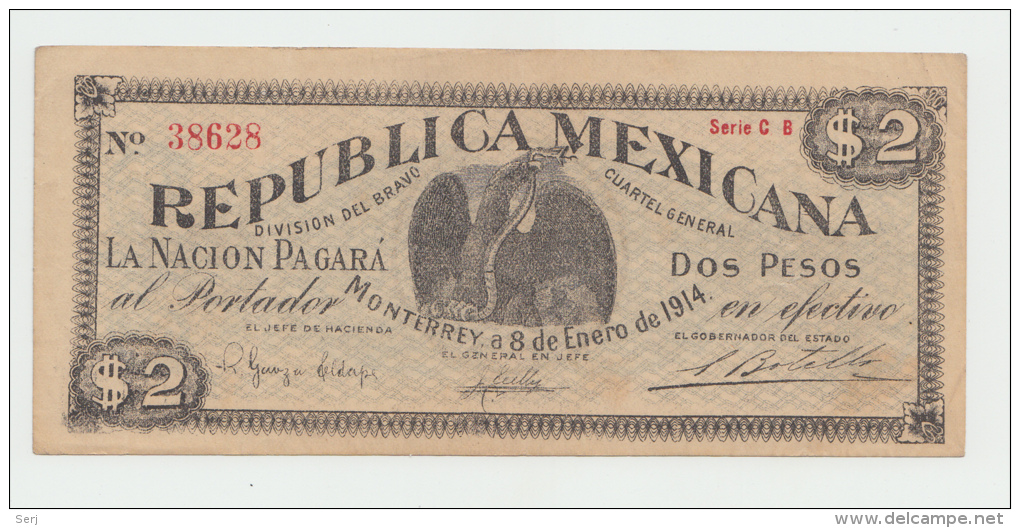 Mexico 2 Dollars 1914 AXF Pick S-938 RARE - Mexique
