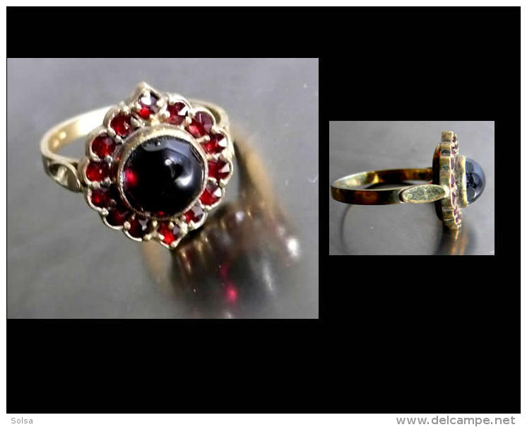 - Ancienne Bague Empire Hongrois Vermeil Et Grenats T55 / Old Gold-platted Silver And Garnet Ring From Hungarian Empire - Bagues