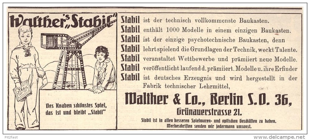 Original Werbung - 1925 - Walther Stabil Baukasten , Walther & Co In Berlin , Spielzeug !!! - Sonstige & Ohne Zuordnung