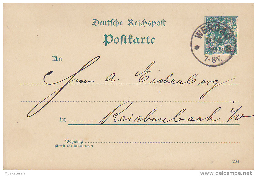 Germany Reichspost Postal Stationery Ganzsache Entier 5 Pf. WERDAU 1890 To REICHENBACH (2 Scans) - Postkarten