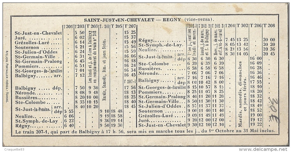 HORAIRE DES CHEMINS DE FER P.L.M. ET DE LA REGIE DES CHEMINS DE FER. DEPARTEMENTAUX DE LA LOIRE-SERVICE HIVER 1933.34 - Europa