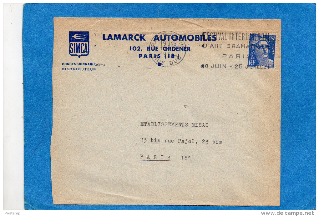 Marianne De Gandon-  Lettre Commerciale  Simca-15 Frs N° 886 Variété- Chelure Gauche  Jusqu'au Cou - Covers & Documents