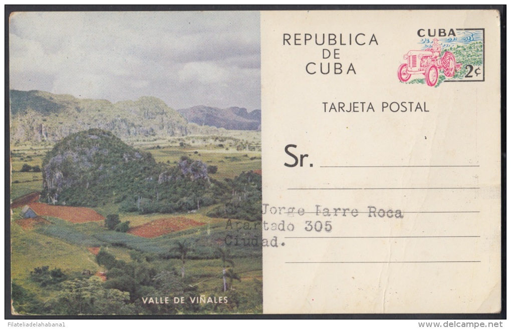 1963-EP-1 CUBA 1963. Ed.103. TARJETA ENTERO POSTAL. POSTAL STATIONERY. VALLE DE VIÑALES. USED. IMPRESO REVERSO. INTERESA - Covers & Documents