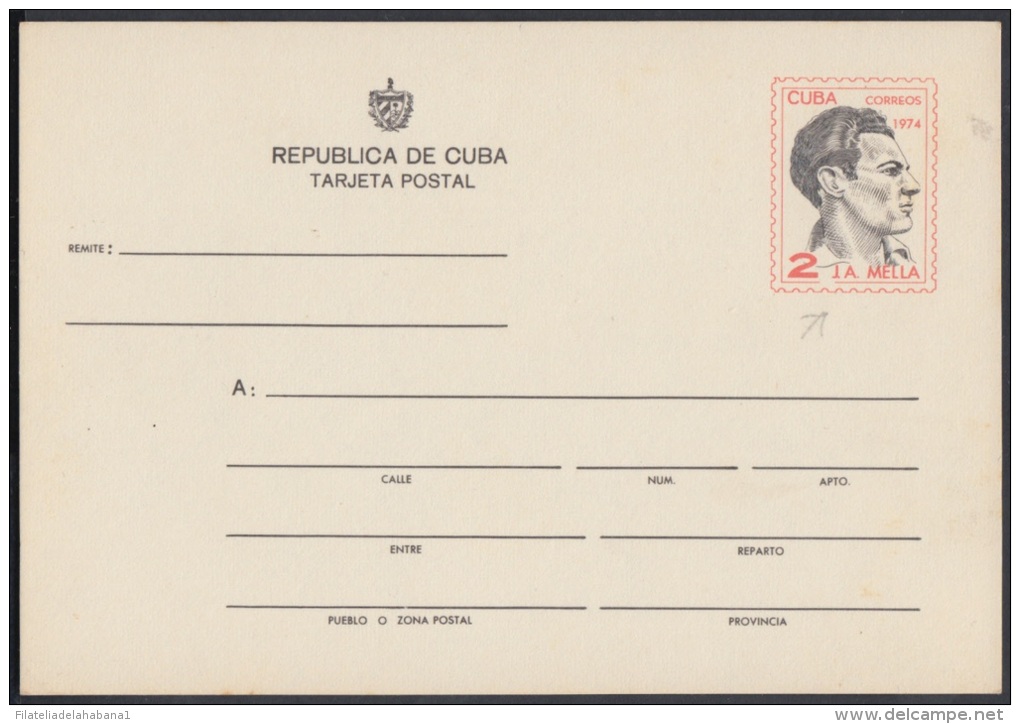 1974-EP-4 CUBA 1974. Ed.111. TARJETA ENTERO POSTAL. POSTAL STATIONERY. JULIO A. MELLA. ERROR LINEA PARTIDA DEBAJO DE 2c. - Covers & Documents