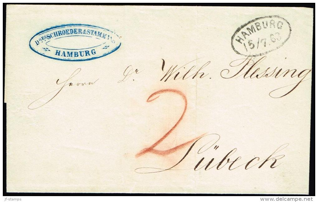 1863. HAMBURG 15/7 63 In Oval On Cover To Lübeck. Porto 2 In Redbrown. (Michel: ) - JF106209 - Hambourg