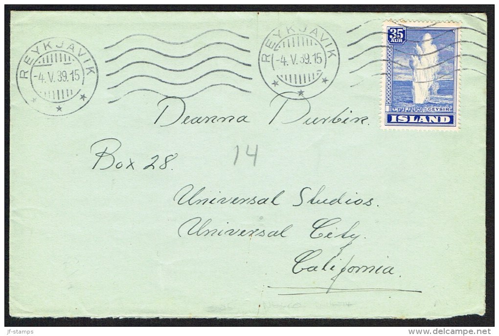 1938. Geysir. 35 Aur Ultramarine On Cover To Deanna Durbin, Universal Studies, Californ... (Michel: 195) - JF104551 - Briefe U. Dokumente