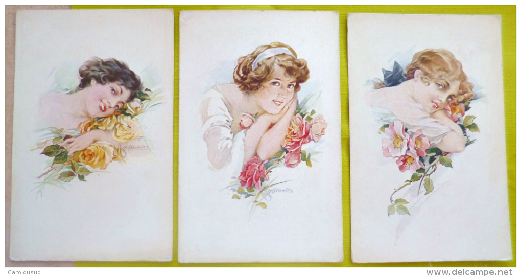 LOT 3X CPA Litho Illustrateur SCHILBACH TECO 406 1-3-6 Portrait Femme FILLE Souriante Et Fleur Eglantier Et 2x Rose - Schilbach