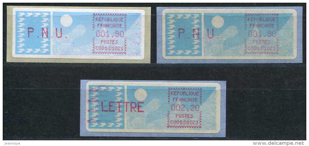 TIMBRES DE DISTRIBUTEURS - 3 VIGNETTES NEUVES CARRIER 1,9F & 2,2F D'ARS / FORMANS , N° 104a (2) & 105a - LUXE - 1985 Papier « Carrier »