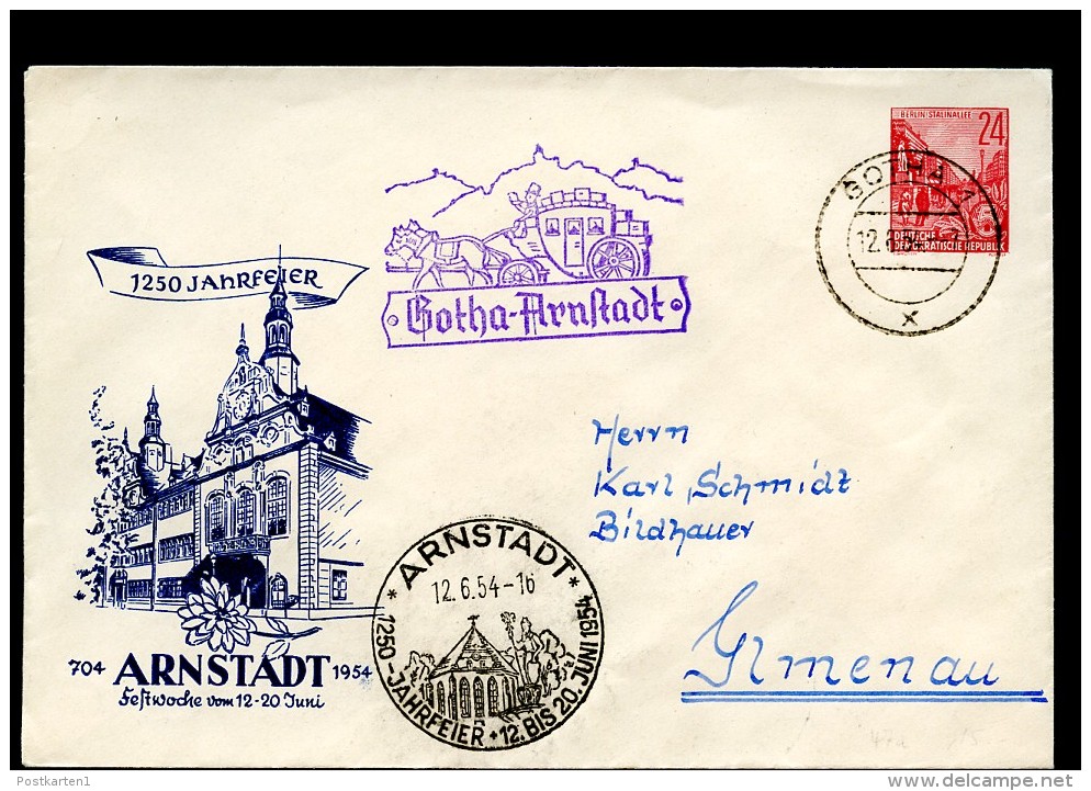 DDR PU12 D2/001 Privat-Umschlag 1250-JAHR-FEIER ARNSTADT Postkutsche Sost.1954  NGK 20,00 € - Privatumschläge - Gebraucht