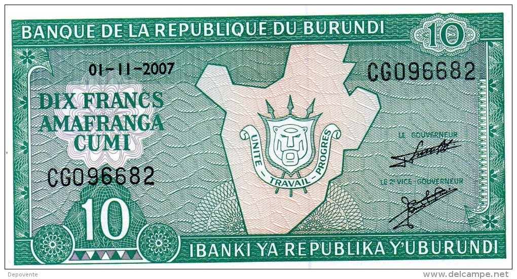 NEUF : BILLET DE 10 FRANCS - BURUNDI - 2007 - Burundi