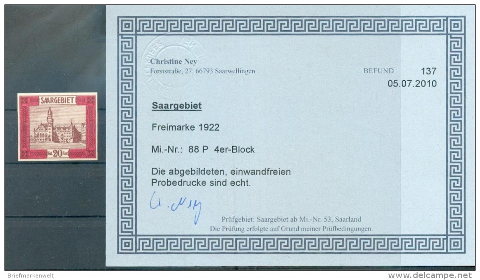 Saar 88P PROBEDRUCK ATTESTKOPIE Ex VB**POSTFRISCH (70547 - Neufs