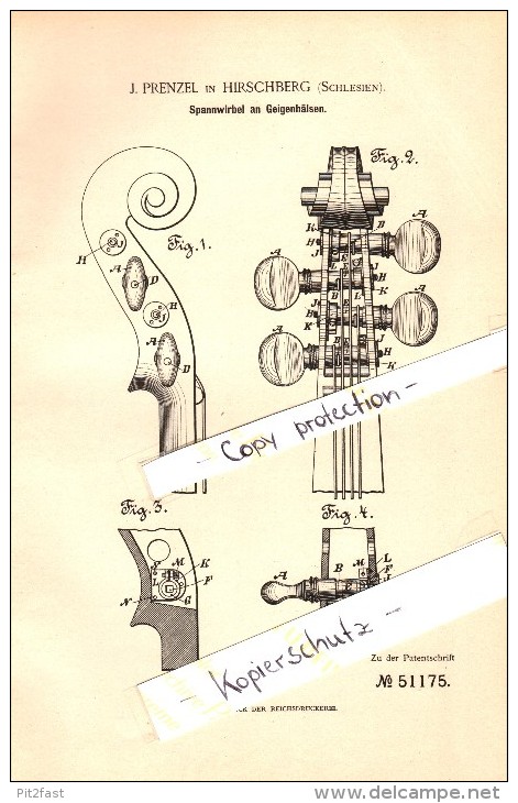 Original Patent - J. Prenzel In Hirschberg / Jelenia Góra , 1889 , Spannwirbel An Geigen , Geige , Violine , Musikalien - Instrumentos De Música